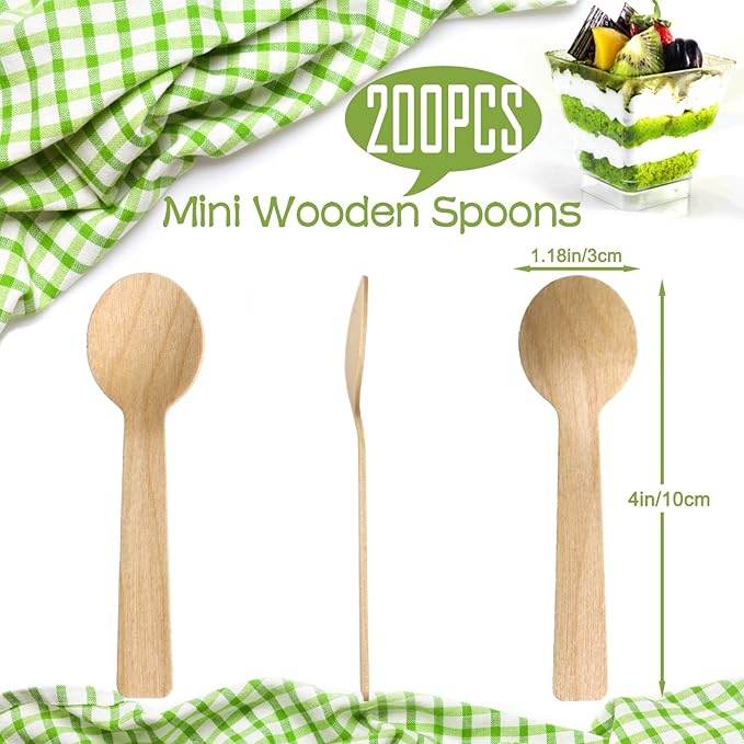 200 Packs Natural 4 Inch Mini Spoons Disposable Birch Utensils for Bakeries, Tasting Samples, Party Events, with Smooth, Splinter-Free & Sturdy, Compatible with Dessert, Gelato and Yogurt