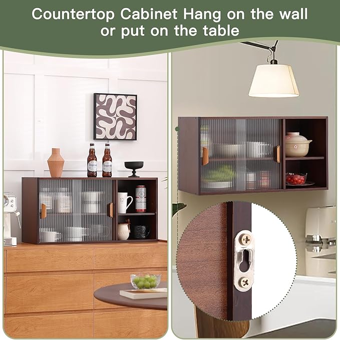 Wall Mounted Bamboo Countertop Storage Cabinet with Glass Door, Hanging Kitchen Cupboard with Adjustable Shelves, Small Pantry Sideboard for Dining Room, Bathroom, Walnut