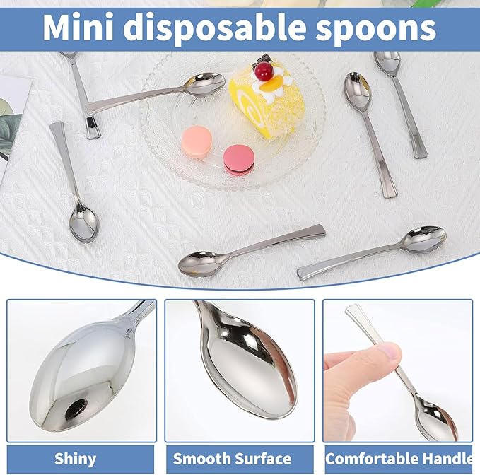 200 Pack Mini Plastic Spoons, 4.5 Inch Silver Plastic Spoons, Heavy Duty Disposable Appetizer Spoon, Mini Dessert Spoon for Coffee Desserts Cake Tasting Parties Weddings