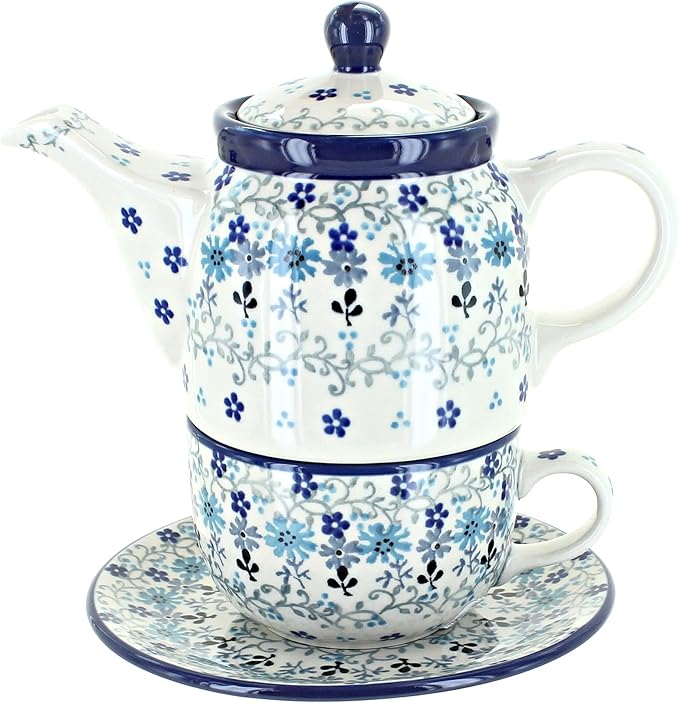 Blue Rose Polish Pottery - Blue Celeste Tea for One - 2 Cup Capacity - Decorative Teapot with Matching Cup, Unique Gift for Tea Lovers and Collectors