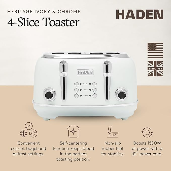 HADEN Heritage Toaster with Extra Wide Slots, 1500-Watt, Ivory & Chrome - Retro Stainless Steel Design with Self-Centering Function, Adjustable Browning Control & Removable Crumb Tray