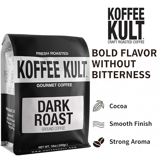 Koffee Kult Dark Roast Ground Coffee - Small Batch Gourmet Aromatic Artisan Blend 100% Arabica Coffee Organically Sourced (Ground, 12oz)