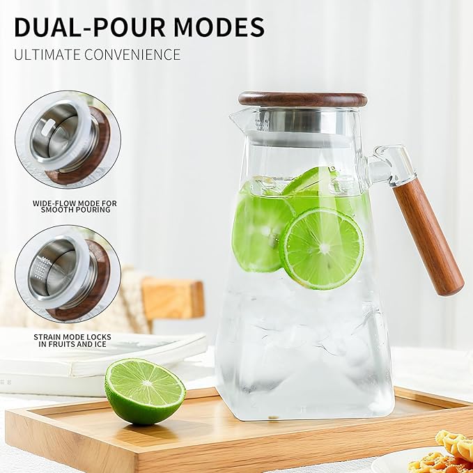 1.8 Liter 60 oz Glass Pitcher with Wooden Lid & Handle - Heat-Resistant Borosilicate Jug with Trident Star Design, Perfect for Iced Tea, Lemonade, Cold Brew & Party Drinks (Clear, 60 oz)