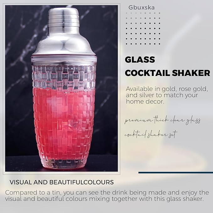 Cocktail Shaker Set - Martini Shaker, Drink Shakers Cocktail, Glass Shaker Bottle for Cocktails, Bars, Whiskey (Sliver)