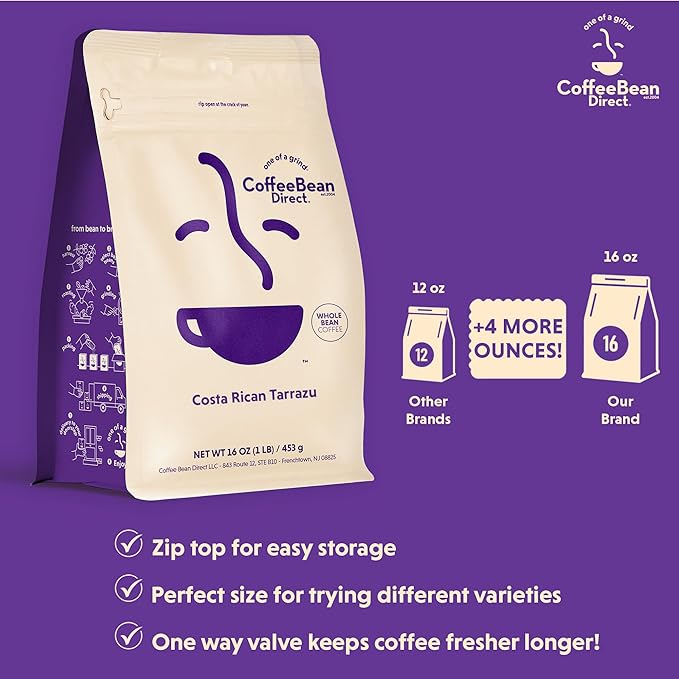 Coffee Bean Direct Costa Rican Tarrazu, Whole Bean Coffee, Light Roast, 1 Pound Bag (Pack of 1)