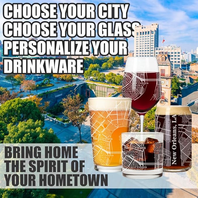 Blue Ridge Mountain Gifts - New Orleans Souvenir - Louisiana Glassware Gift, Etched City Map, Laser Engraved and Dishwasher Safe