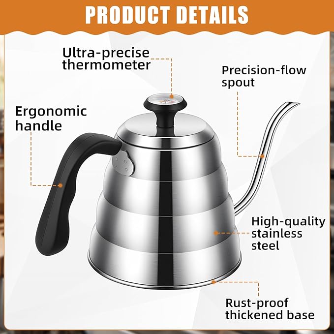 2 Sets Tea Kettle with Thermometer Pot and 2 Pcs Brushes, 40 Fl oz Stainless Steel Gooseneck Pour over Coffee Maker Teapot Pour over Coffee Kettle, 1200ml for Home Kitchen Camping