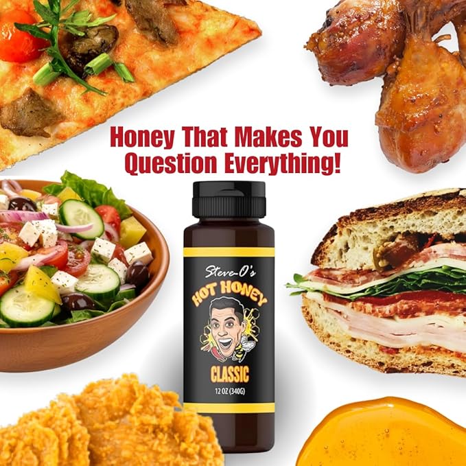 Steve-O's Hot Honey - Classic | Golden Honey & Carolina Reaper Peppers, Sweet & Spicy | Marinades, Dressings, Pizza, Wings, Breakfast & More (12 oz)