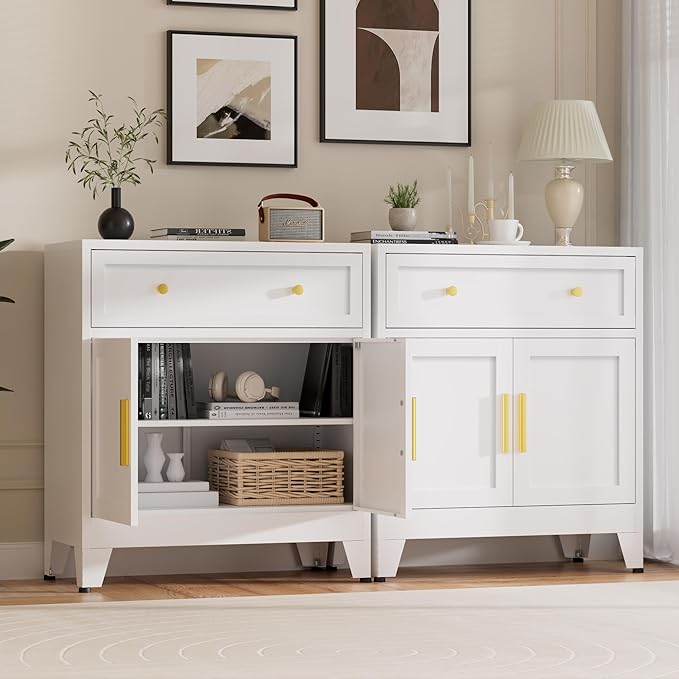 Kitchen Storage Cabinet with Drawers and Doors,Farmhouse Pantry Cabinet with Adjustable Shelves,Floor Sideboard and Buffet Server for Living Room,Dining Room,Bathroom,White
