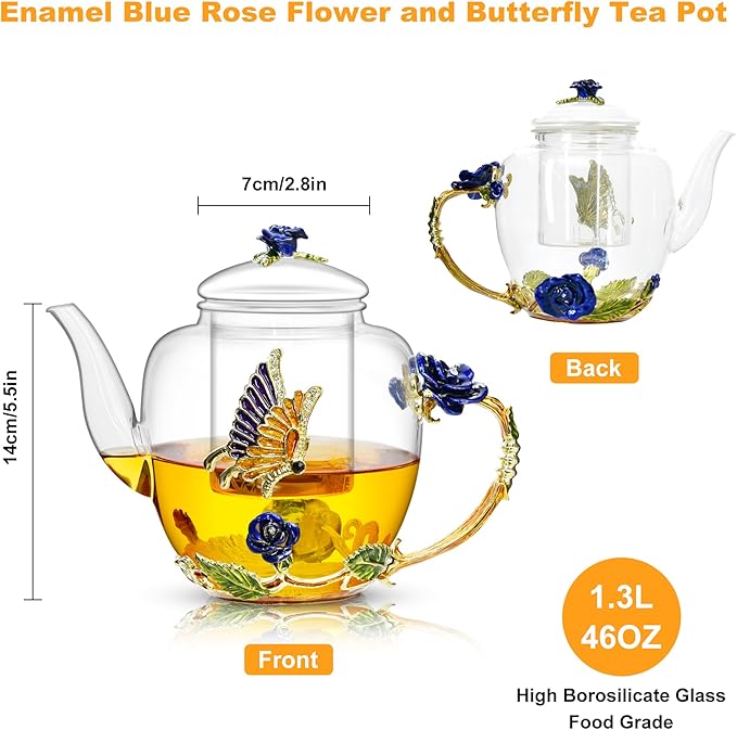 46oz/1300ml Enamel Glass Teapot With Rose Flower Butterfly And Gold Edge,Blue Rose Teapot With Infuser And Lid For Mom,Women,Mother,Birthday