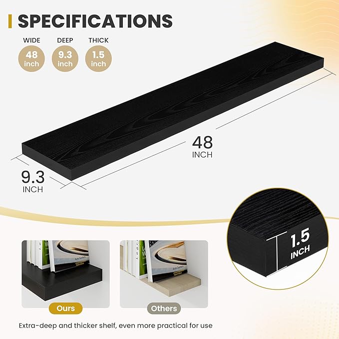 48 Inch Floating Shelves, 9.3" Deep Floating Shelf Wall Mounted, 48" Wall Shelves, Rustic Deep Bookshelf, Large Display Shelves & Storage Shelves for Bedroom, Living Room, Black, Set of 1