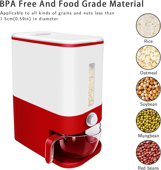 22-25 Lbs Rice Dispenser, Large Cereal Dry Food Storage Containers with Measuring Cup, BPA-Free Household for Kitchen Pantry Organization-Red