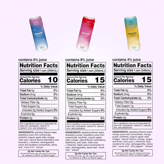 Moment Botanical Soda Soft Drink (Shark Tank) - SPARKLING Drinks | Fruity Fun | L-Theanine & Ashwagandha for Calm & Clarity | 0 Added Sugar 0 Caffeine | 24-pack