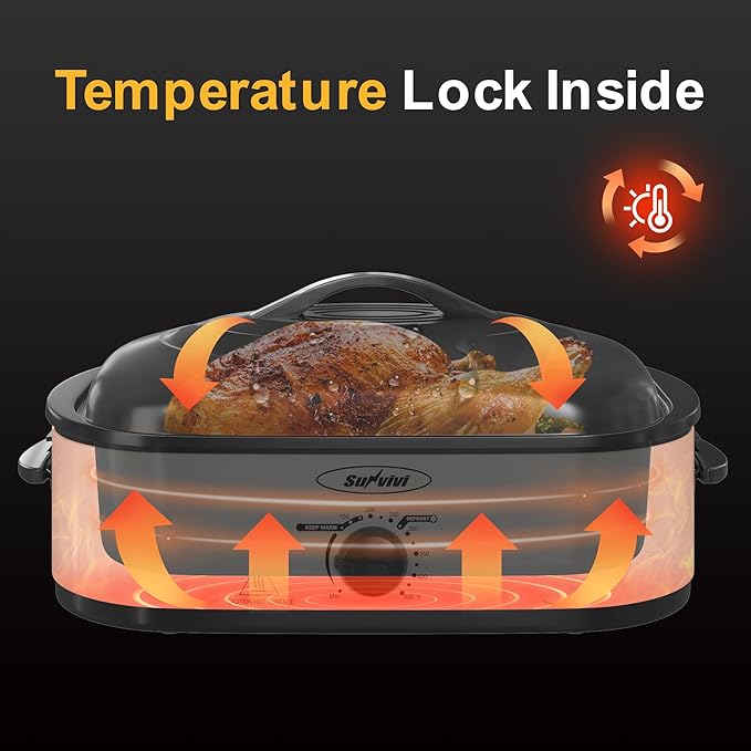 Sunvivi 14-Quart Electric Roaster Oven with Self-Basting Lid, Turkey Roaster Oven with Removable Pan and Rack, Stainless Steel, Black