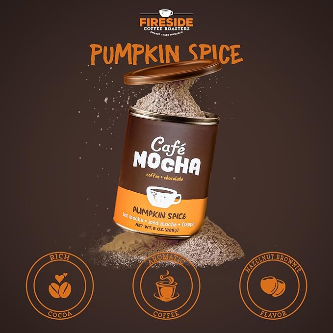 Fireside Coffee Pumpkin Spice Cafe Mocha - Premium Instant Coffee Chocolate Blend - Versatile Caffeinated Drink Mix for Hot, Iced, Milkshake, and Mocha Frappe Mix, Only Add Water and Enjoy, 8 Ounces