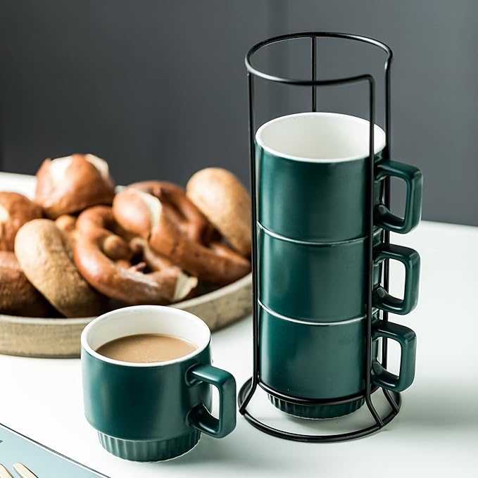Stackable Coffee Mugs Set of 4 with Holder Spoons 11oz Ceramic Cappuccino Cups for Espresso Latte Tea Drinks, Dishwasher & Microwave Safe, Green