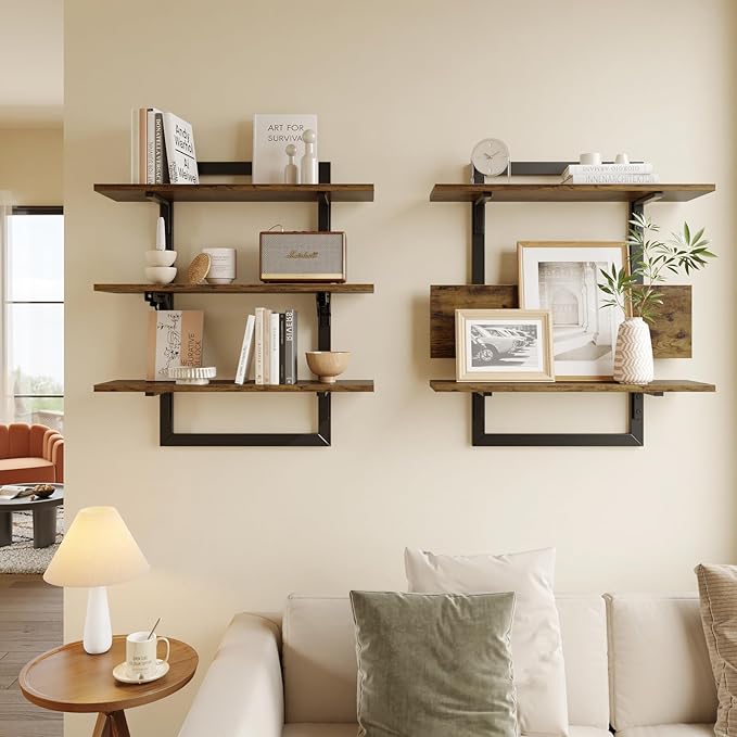 Bestier Floating Shelves for Wall, 24 inch Kitchen Shelves Wall Mounted, 3 Tier Coffee Bar Shelf with Foldable Brackets, Industrial Display Shelf for Bathroom, Living Room, Rustic Brown