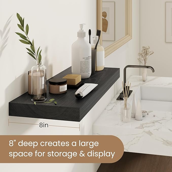Fun Memories Rustic Real Wood Floating Shelves, 8 Inch Deep Floating Shelf Wall Mounted, 48" W x 8" D Wall Shelves Storage Shelves for Living Room, Bedroom, Bathroom, Black Finish, Set of 1