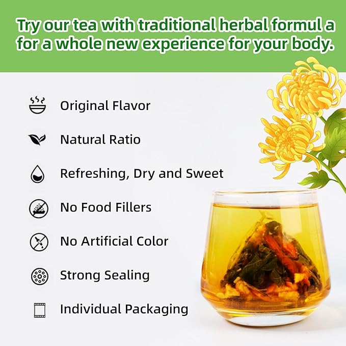 Chrysanthemum Goji Berry Liver Support Tea, Authentic Chinese Herbal Ingredients (Dandelion/Cassia Seed/Gardenia), Tea Bags, Vegan, Sugar-Free & Caffeine-Free,15 Count
