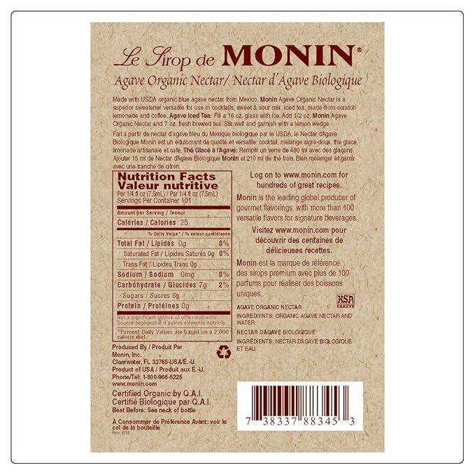 Monin - Organic Agave Syrup, Sweet and Full Flavor, Great for Any Beverage, Gluten-Free, Non-GMO (750 ml)