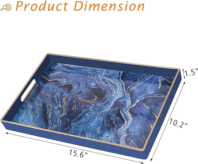 Zosenley Decorative Tray, Marbling Plastic Tray with Handles, Rectangular Vanity Tray and Serving Tray for Bathroom, Kitchen, Ottoman and Coffee Table, 15.6” x 10.2”, Blue