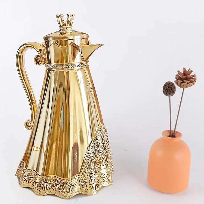 Luxury Arabic Style Insulated Thermal Coffee Carafe,34 oz,Coffee Pot,Arabian Style Vacuum Thermal Carafe Insulated Flask for Tea and Hot Cold Drink,Moving and housewarming blessings (Gold)