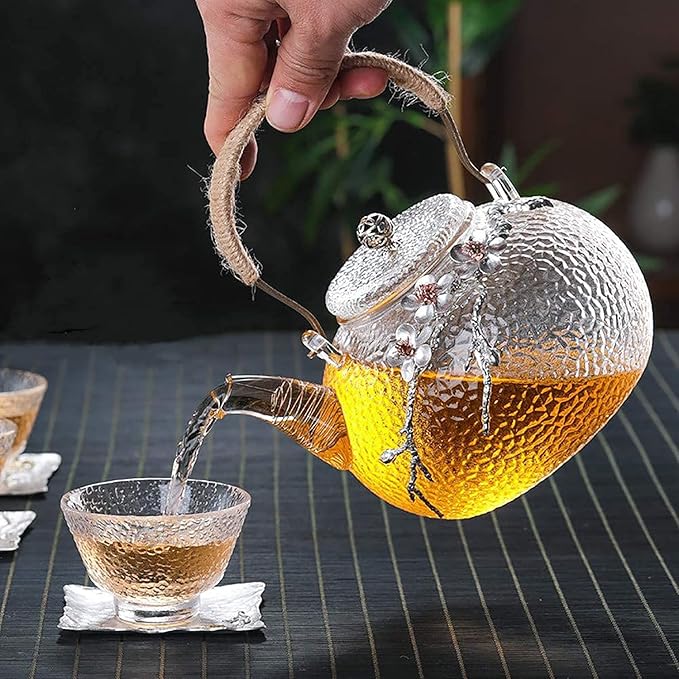 ZENATION Japanese Style hammered glass exquisite 900ml tea pot, with tin and copper plum blossom decoration
