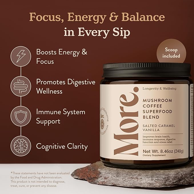 More. Longevity & Wellbeing Premium Mushroom Coffee Superfood – 7 Functional Mushrooms with Lions Mane Supplement, Reishi, Chaga & Ashwagandha Extract, Instant Coffee Alternative with Prebiotics and Essential Vitamins for Focus & Energy, Salted Caramel
