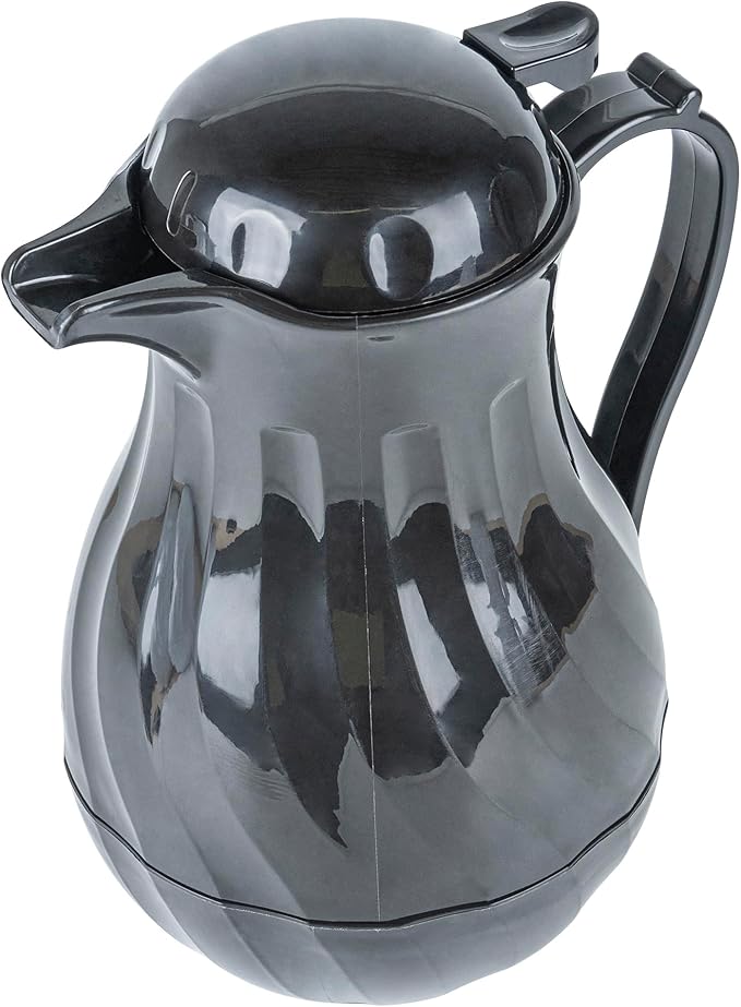 Restaurantware-Restpresso 64 Ounce Coffee Carafe, 1 Insulated Coffee Server - Push-Button Top, Swirl Design, Black Plastic Pitcher, Built-In Handle, With Identification Tags