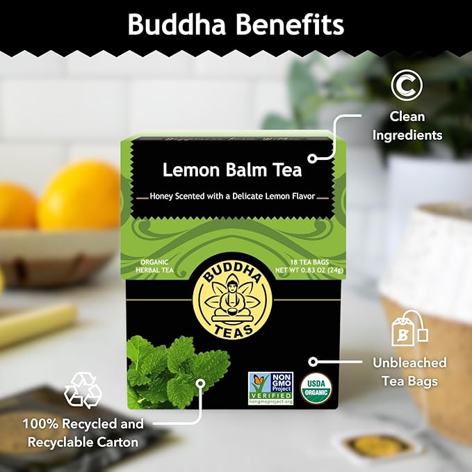 Buddha Teas Organic Lemon Balm Tea - OU Kosher, USDA Organic, CCOF Organic, 18 Count (Pack of 6)