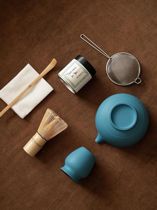 6-pcs Japanese Matcha Whisk Set, Handmade Ceramic Matcha Set with Bowl(Chawan),Bamboo Whisk(Chasen) and Holder, Scoop, Sifter & Tea Towel,Matcha Kit for Ceremony(Clear Sky Blue)