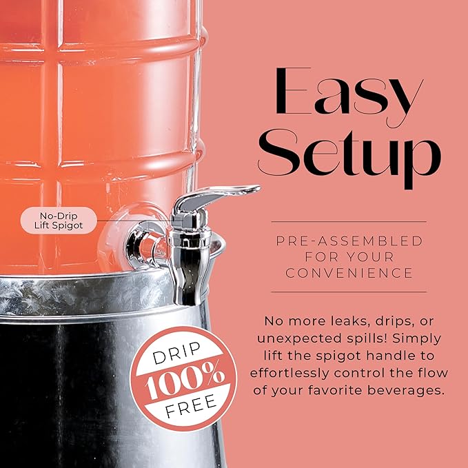 Style Setter Patchwork Beverage Dispenser Cold Drink Dispenser w/ 2.4-Gallon Capacity Glass Jug, Ice Insert, Fruit Infuser, Galvanized Base, Leak Proof Spigot Great for Parties Weddings