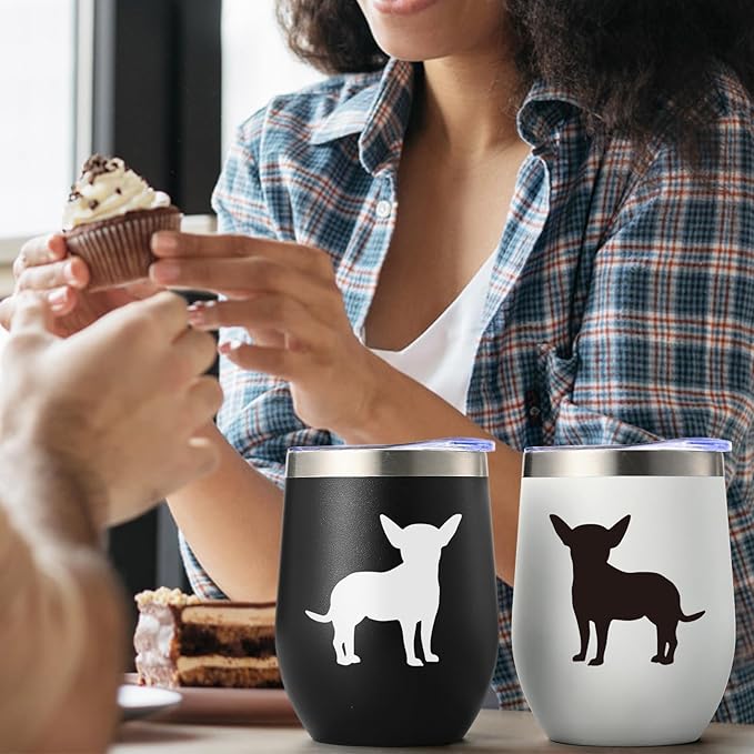 Lifecapido Chihuahua Gifts, Chihuahua Silhouette 12oz Stainless Steel Wine Tumbler Set of 2, Birthday Gifts Christmas Gifts for Dog Lovers Dogs Parents Dogs Mom Dog Dad, Black and White