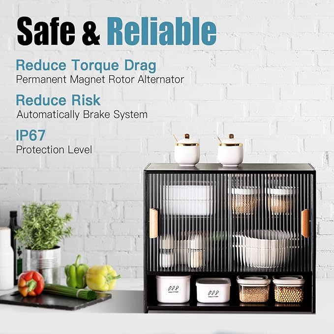 Small Bamboo Kitchen Pantry Sideboard, Freestanding Countertop Storage Cabinet with 2 Acrylic Doors Black Storage Shelf, Sliding Pantry Cabinet for Home Bar, Coffee Bar