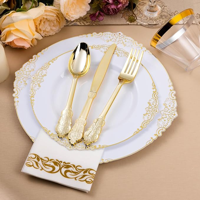 350PCS White and Gold Plastic Plates for 50 Guests, Disposable Dinnerware Set Includes 100 Disposable Plates, 150 Gold Silverware, 50 Cups, 50 Napkins for Party, Wedding