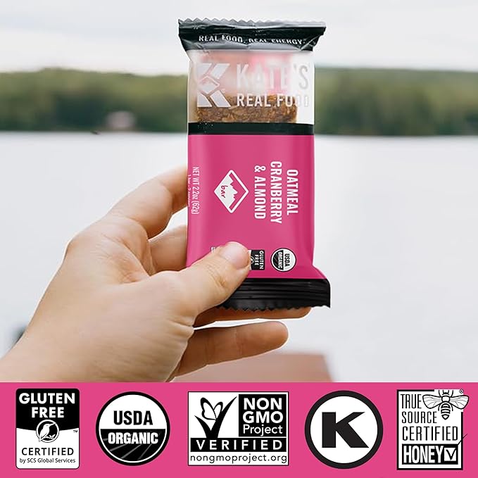 Kate’s Real Food Organic Energy Bars, Non-GMO, All-Natural Ingredients, Gluten-Free and Soy-Free Healthy Snack with Natural Flavors, Oatmeal Cranberry & Almond (Pack of 12)