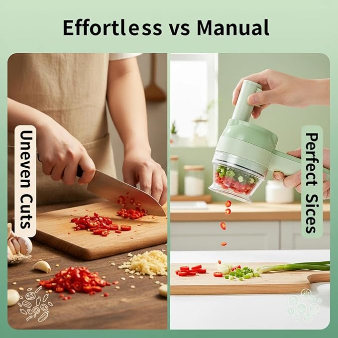 Multi functional vegetable slicers， chili ring and scallion slicer, vegetable slice, ginger, garlic slices, electric wireless food processor, portable charging device