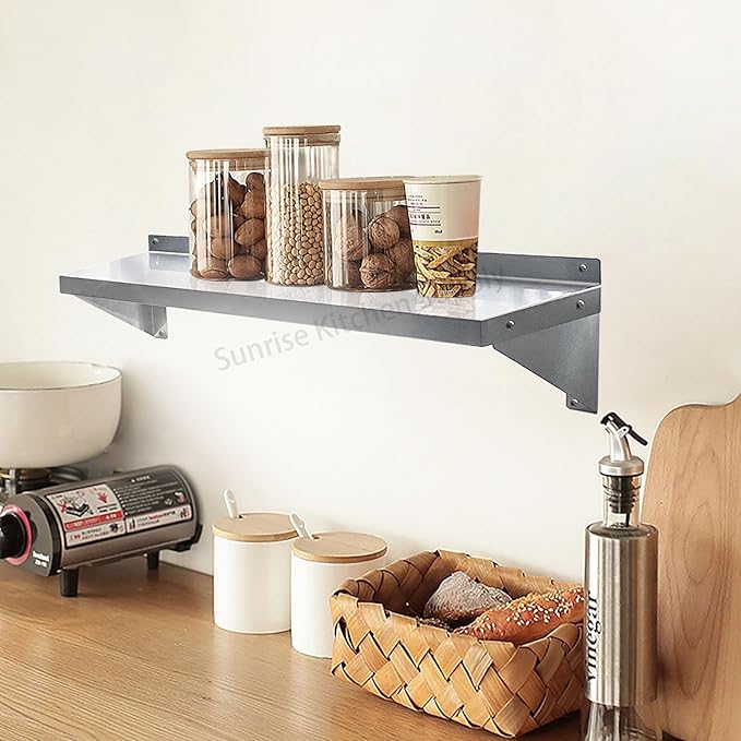 SUNRISE Commercial 430 Stainless Steel Kitchen Wall Shelf, NSF Certificated, Wall Mounted, Solid Shelving for Restaurants, Bars & Hotels (14" x 24")