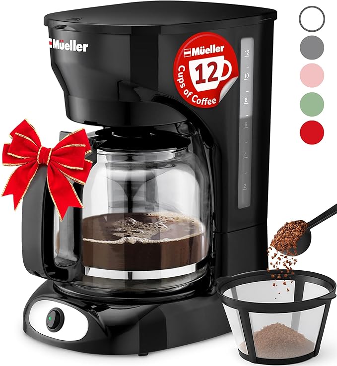 Mueller 12-Cup Drip Coffee Maker - Borosilicate Carafe, Auto-Off, Reusable Filter, Anti-Drip, Keep-Warm Function, Clear Water Level Window Coffee Machine, Kitchen Essentials & Accessories