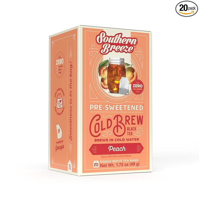 Southern Breeze Cold Brew Sweet Tea Peach Iced Tea with Black Tea and Zero Carbs Zero Sugar, 20 Individually Wrapped Tea Bags Southern Sweet Tea Iced Tea Beverage