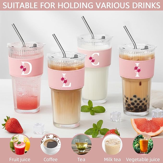 Personalized Gifts for Women,20oz Ribbed Glass Tumbler,Monogrammed Gifts for Women,Birthday Gift,Ice Coffee Mug,Christmas Gift for Mom Sister-I