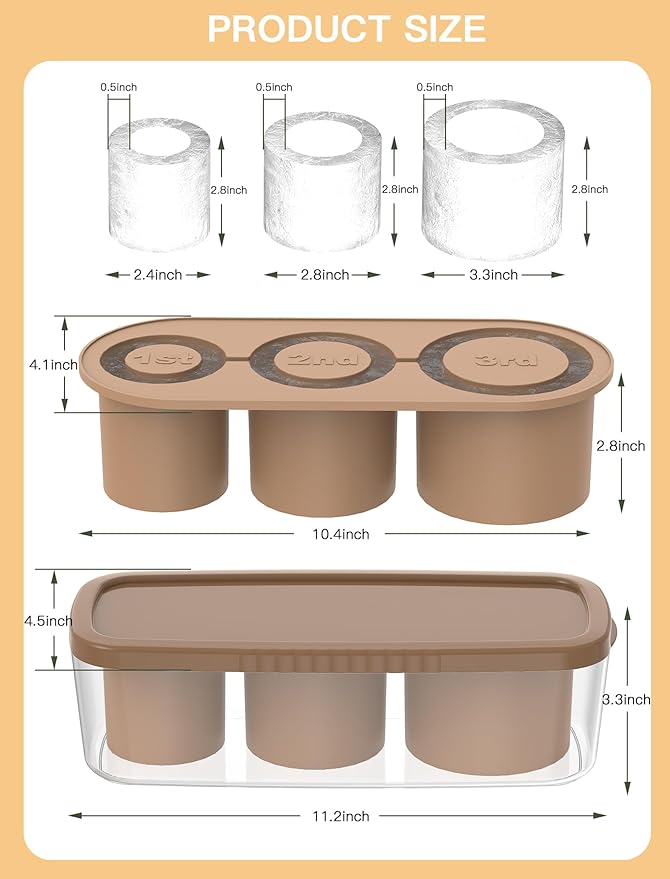 Ice Cube Tray for Tumbler Cup 30Oz-40Oz, 3 Pcs Silicone Cylinder Ice Mold with Lid and Bin for Freezer, Easy Fill and Release Ice Maker for Whiskey, Cocktail BPA-Free