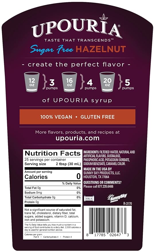 Upouria Sugar Free Hazelnut Coffee Syrup Flavoring, 100% Vegan, Gluten-Free, Kosher, 750 mL Bottle (Pack of 2) with 1 Coffee Syrup Pump