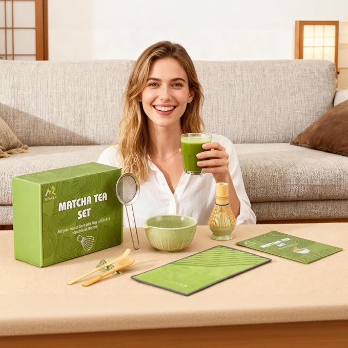Matcha Whisk Set 9 Pcs | 19oz Ceramic Matcha Bowl with Bamboo Whisk & Holder, Sifter, Chashaku Scoop, Wooden Spoon, Scoop Rest, Tea Towel & Gift Box | Complete Matcha Kit for Matcha Lovers