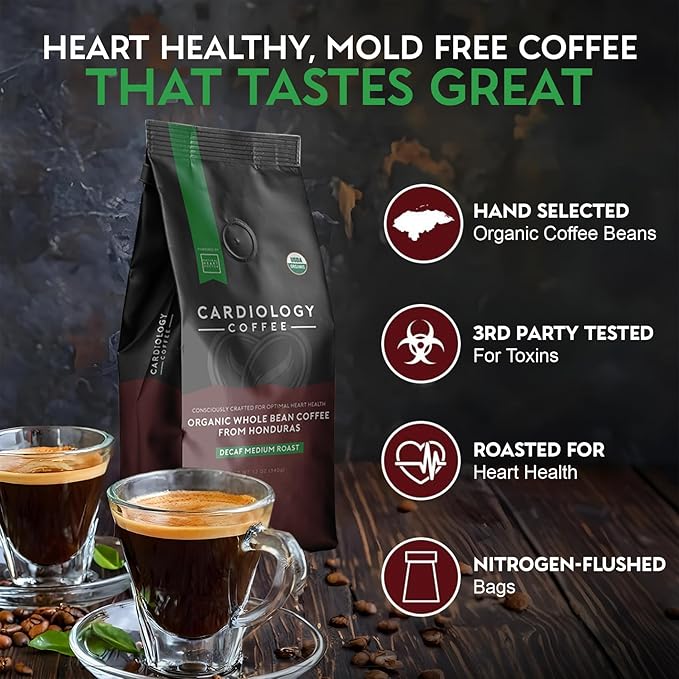 Cardiology Coffee – Organic Decaf Whole Bean Coffee, Swiss Water Process, Mold-Free, Heart-Healthy, 12oz (Medium Roast)