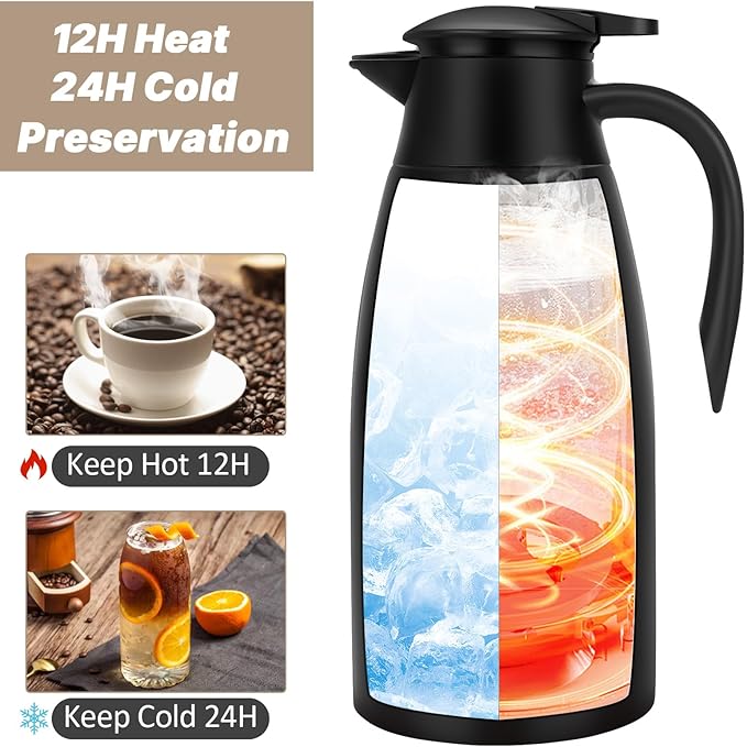 68OZ Thermal Coffee Carafes for Keeping Hot, 2 Liter Stainless Steel Thermal Carafe, Double Wall Vacuum Insulated Pitcher Tea Pot for Coffee Tea Keep Hot 12 Hours, Silver & Black