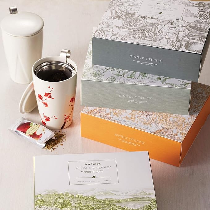 Tea Forte Classic Assortment Single Steeps Loose Leaf Premium Tea Gift Set Sampler, 28 Count Assorted Blends Pre-Portioned Single Serve Pouches, Steeps 12 oz