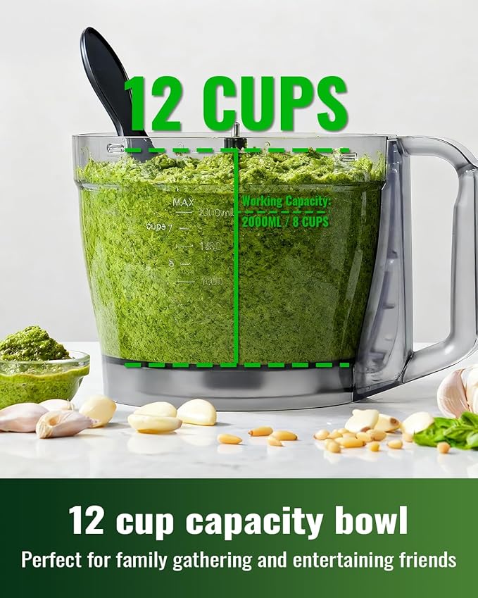 Food Processor, 4 Programs & Pulse,1000W Max Power,12 Cups Total Volume for Slicing, Mincing, Dicing, Shredding, Puree, Dough and Vegetable Chopper Clean Bowl Scraper, Stainless Steel