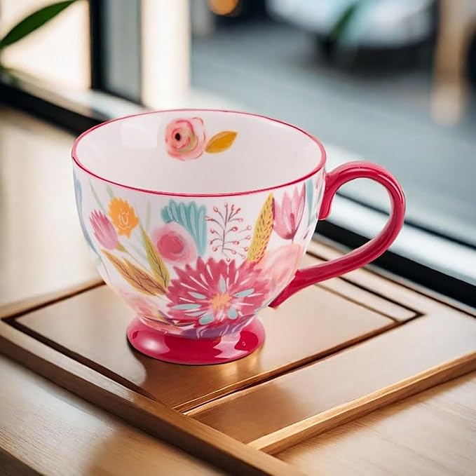 Autumn Handmade Large Ceramic Coffee Mug (20oz) Cute Cereal Vintage Flower Mugs Cozy Fall Gift Cup for Breakfast Oatmeal Tea & Hot Drinks with Floral Design