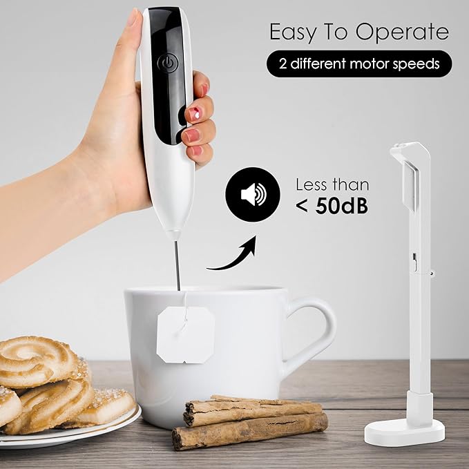 GOCHA | Electric Milk Frother Handheld - Rechargeable Coffee Frother with USB-C & 2 Speeds - Powerful RPM Latte Foam Maker for Cappuccino, Matcha, Hot Chocolate - Includes Stand & Whisk (White)
